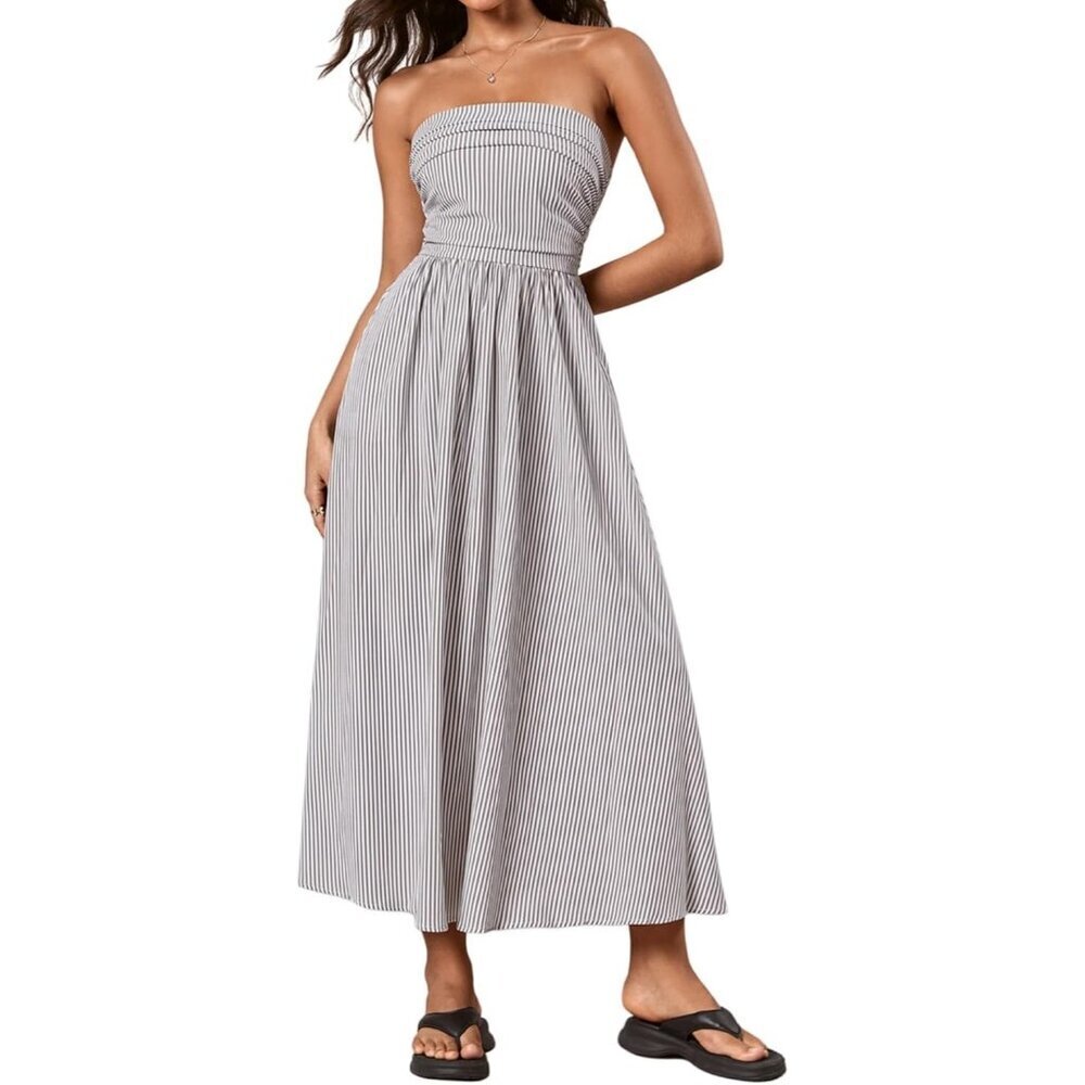 Women's Gray Strapless Maxi Dress Summer Tube Top Long With Pocket